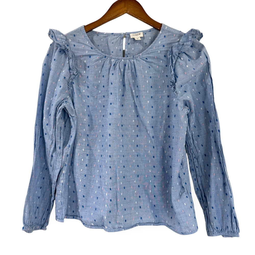 J.Crew Blue Textured Polka Dot Top M Ruffle Shoulder Long Sleeve Cotton BP521